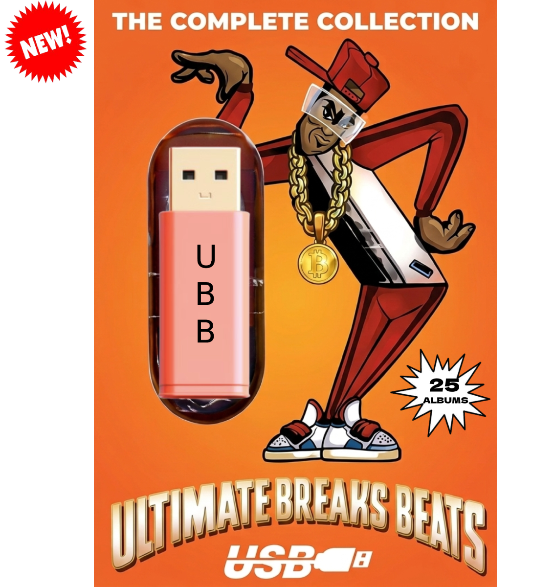 Promotional graphic for a USB flash drive containing 'The Complete Collection' of 'Ultimate Breaks Beats' (25 albums). The product is a pink and silver USB drive labeled 'UBB'.